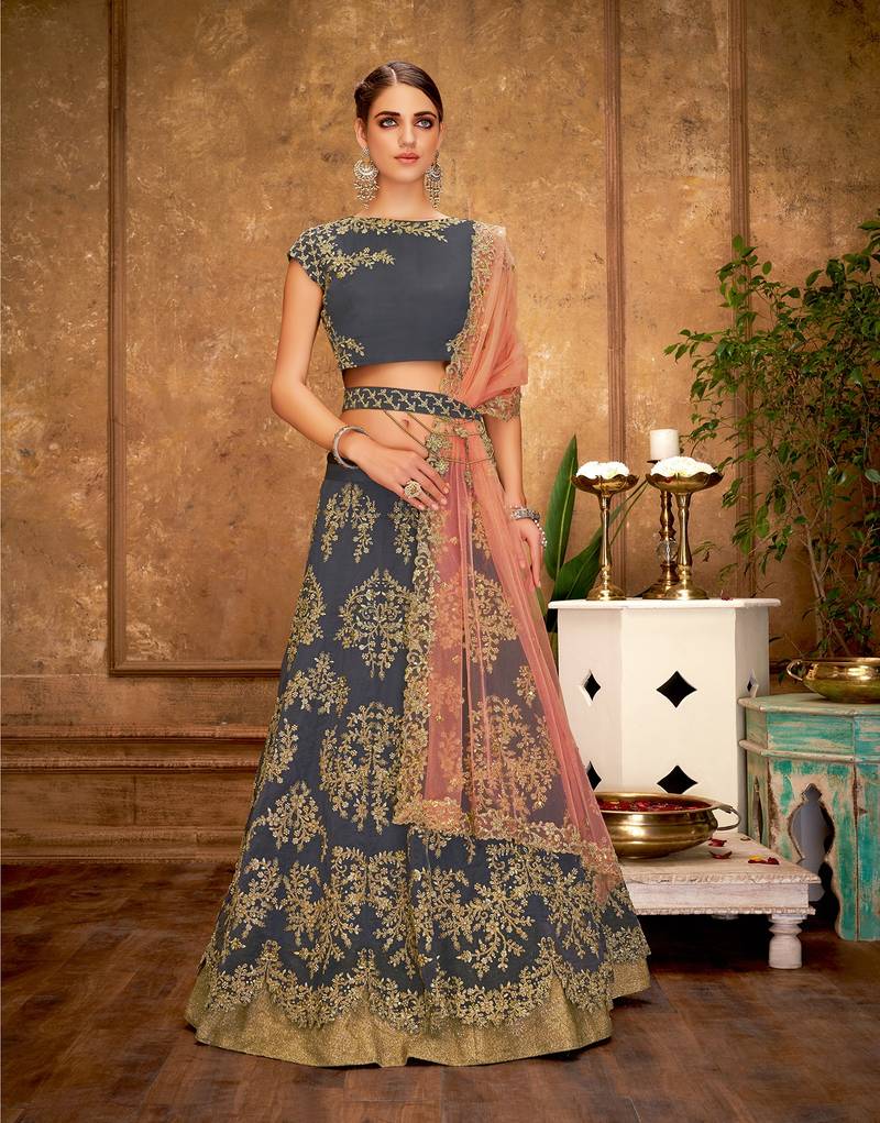 Grey Self Design Silk Unstitched Lehenga