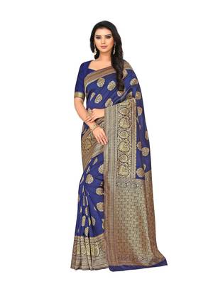Navy Blue Woven Banarasi Silk Saree With Blouse 1