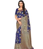 Navy Blue Woven Banarasi Silk Saree With Blouse
