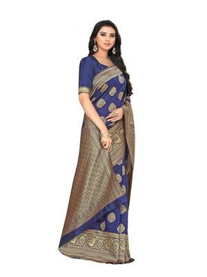 Navy Blue Woven Banarasi Silk Saree With Blouse 2