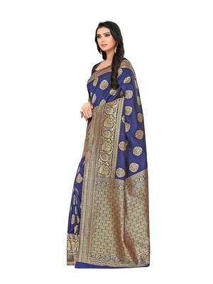 Navy Blue Woven Banarasi Silk Saree With Blouse 3