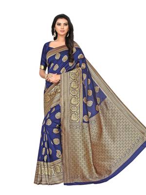 Navy Blue Woven Banarasi Silk Saree With Blouse 4