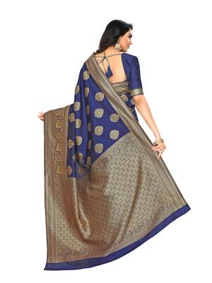 Navy Blue Woven Banarasi Silk Saree With Blouse 5