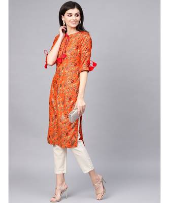 Orange Drawstring Detailing  Printed Flared Kurta 1