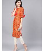 Orange Drawstring Detailing  Printed Flared Kurta