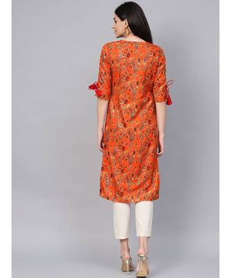 Orange Drawstring Detailing  Printed Flared Kurta 2