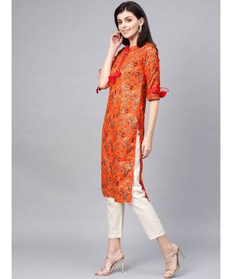 Orange Drawstring Detailing  Printed Flared Kurta 3