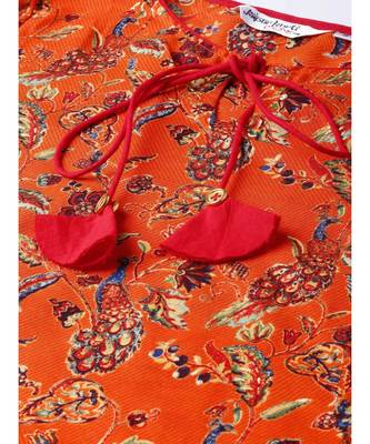 Orange Drawstring Detailing  Printed Flared Kurta 4