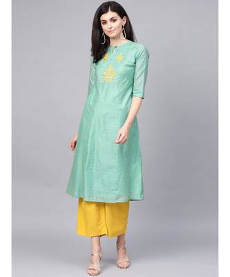 Sea Green Printed A-Line Chanderi Kurta 1