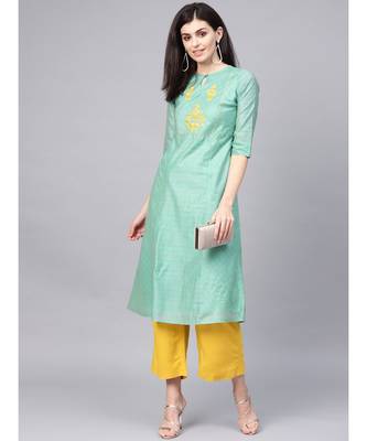 Sea Green Printed A-Line Chanderi Kurta 2