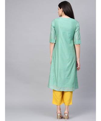 Sea Green Printed A-Line Chanderi Kurta 3