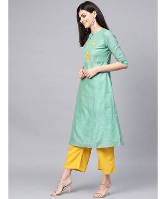 Sea Green Printed A-Line Chanderi Kurta 4