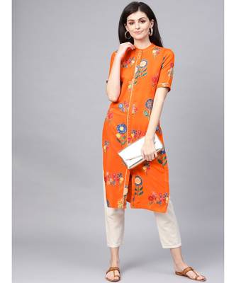 Orange Printed Straight Kurta 2