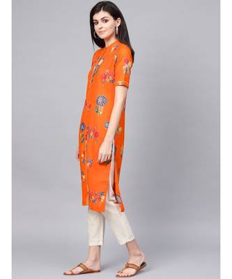 Orange Printed Straight Kurta 4