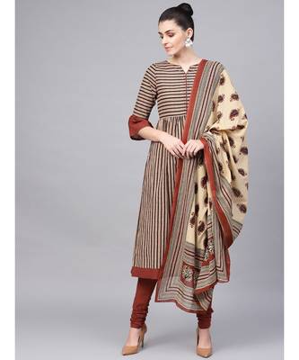 Striped Flared Kurta With Solid Churidar And Printed Dupatta 1