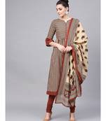 Striped Flared Kurta With Solid Churidar And Printed Dupatta