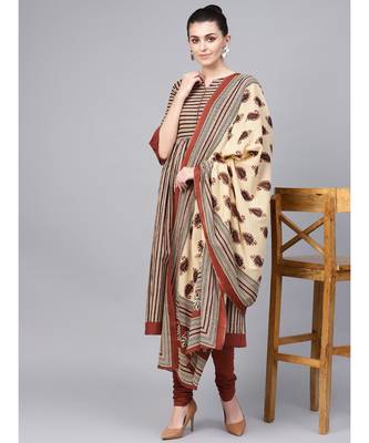 Striped Flared Kurta With Solid Churidar And Printed Dupatta 2