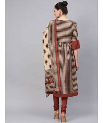 Striped Flared Kurta With Solid Churidar And Printed Dupatta 3