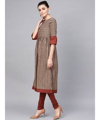 Striped Flared Kurta With Solid Churidar And Printed Dupatta 4