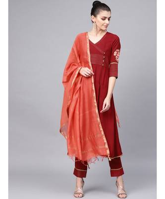 Zari Detailing A-Line Kurta With Maroon Pant And Dupatta 1