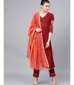 Zari Detailing A-Line Kurta With Maroon Pant And Dupatta