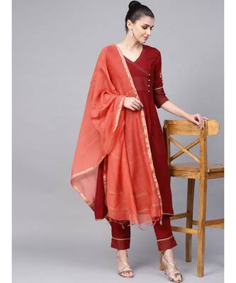 Zari Detailing A-Line Kurta With Maroon Pant And Dupatta 2