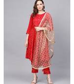 Printed Asymmetric Kurta With Printed Pant And Printed Dupatta