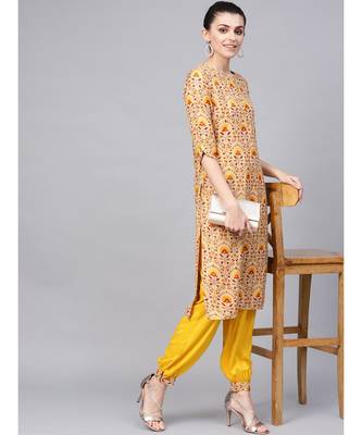 Printed Straight Kurta With Solid Front Pleated Salwar 2
