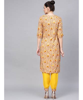 Printed Straight Kurta With Solid Front Pleated Salwar 3