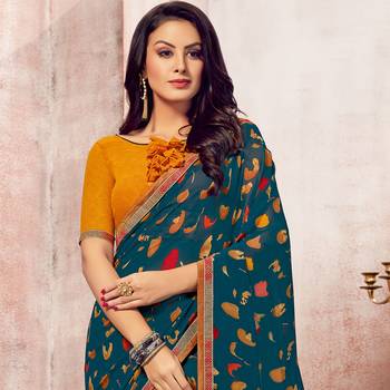 Turquoise Printed Georgette saree with blouse 2