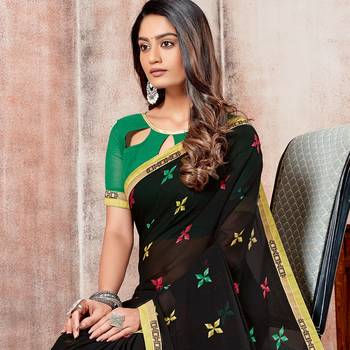 Black Printed Georgette saree with blouse 2