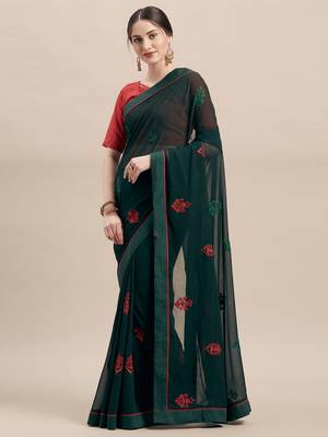 Green Embroidered Chiffon saree with blouse 1
