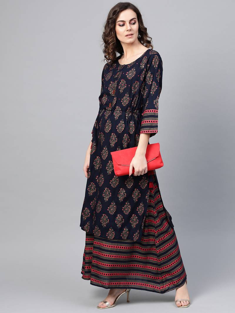 Blue woven viscose rayon maxi-dresses