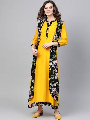 Mustard woven viscose rayon maxi-dresses 1