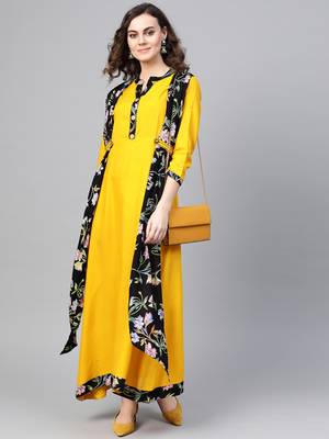Mustard woven viscose rayon maxi-dresses 4
