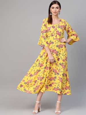 Yellow woven viscose rayon maxi-dresses 1