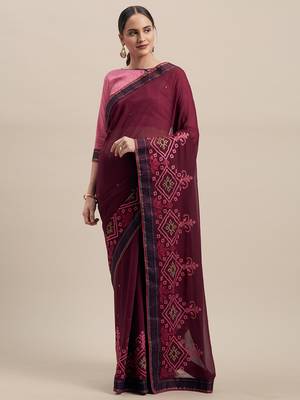 purple Embroidered Chiffon saree with blouse 1