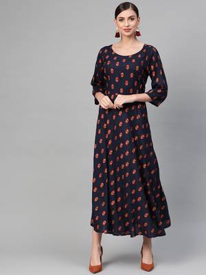 Blue woven viscose rayon maxi-dresses 1
