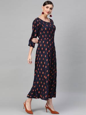 Blue woven viscose rayon maxi-dresses 4