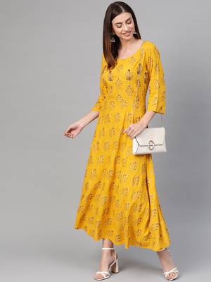 Yellow woven viscose rayon maxi-dresses 4