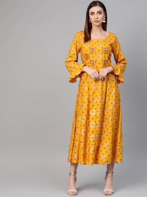 Mustard woven viscose rayon maxi-dresses 1
