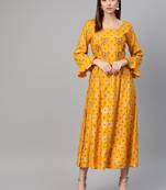 Mustard woven viscose rayon maxi-dresses