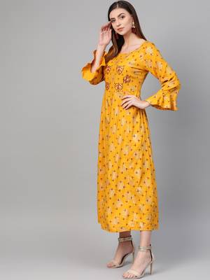 Mustard woven viscose rayon maxi-dresses 3