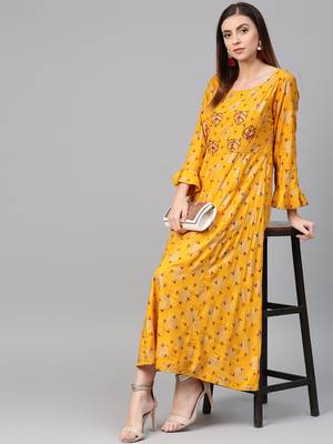 Mustard woven viscose rayon maxi-dresses 4