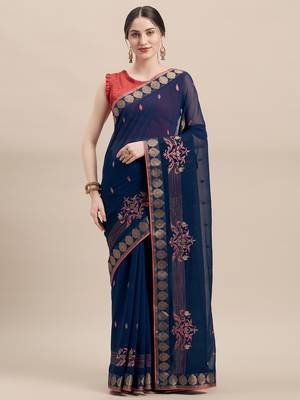 blue Embroidered Chiffon saree with blouse 1