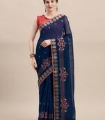 blue Embroidered Chiffon saree with blouse