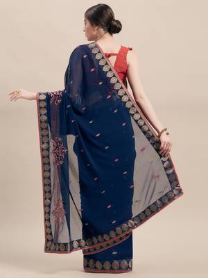 blue Embroidered Chiffon saree with blouse 2
