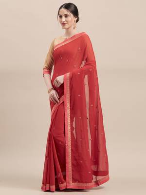 Red Embroidered Chiffon saree with blouse 1