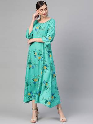Turquoise woven viscose rayon maxi-dresses 1