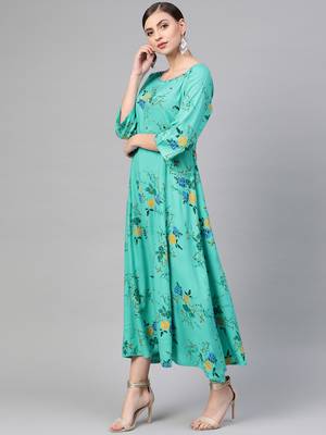 Turquoise woven viscose rayon maxi-dresses 3